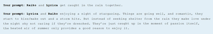 Ohhh gosh. Of course, they need to share a little romance in a storm...! Raiko would naturally be a big fan of that, and Lyrica would fall into the mood with all the intense sounds going on around them!