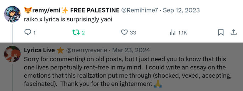 Genuinely, this altered my brain chemistry (and also prompted our later RaiLyri BL commission......