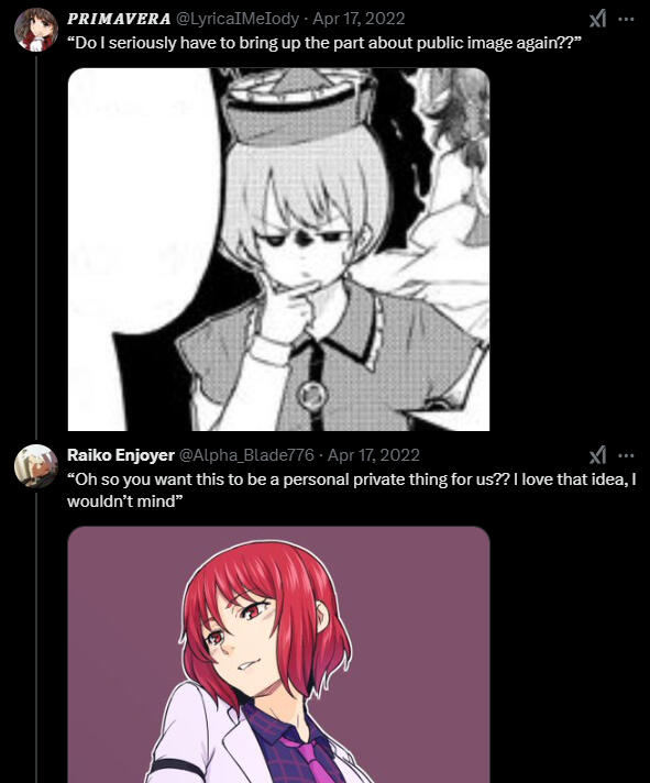 NOTE: When I say stumble across, I mean I obsessively stalk twitter search results for "raiko lyrica", which often catches RPers talking to each other; and I also purposely check any blog in my notifications that looks like a cool RP account. lol